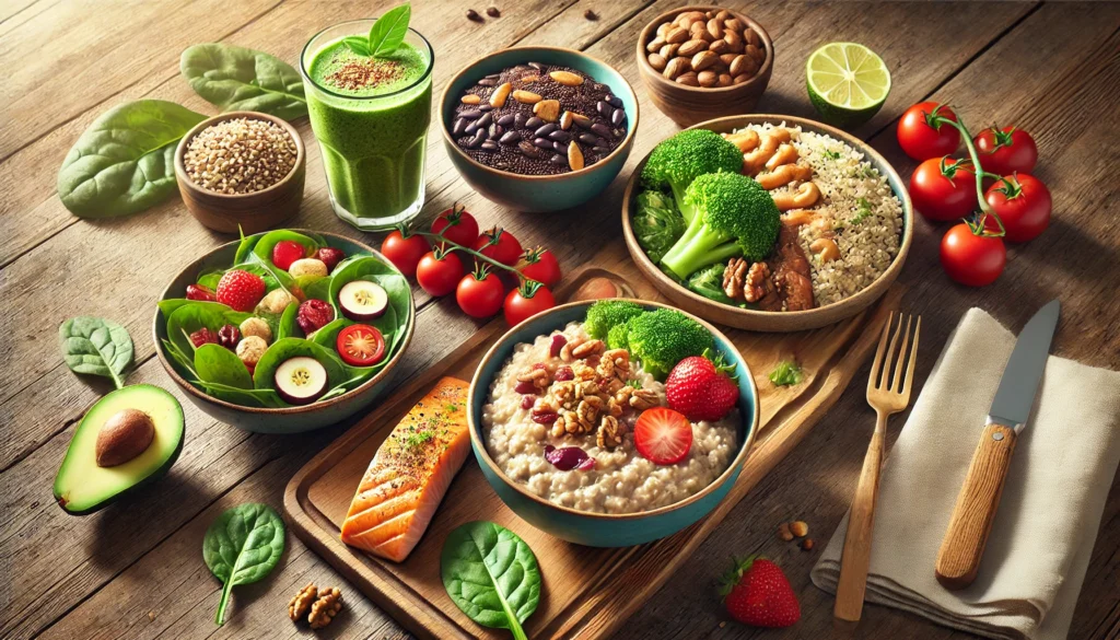 DALL·E 2025 03 07 12.27.53 A realistic image of a well balanced heart healthy meal spread on a wooden table. The meal includes a bowl of oatmeal topped with strawberries and wa 4