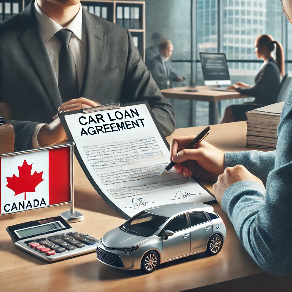 DALL·E 2025 03 17 12.49.05 A realistic image of a person signing a car loan agreement at a bank in Canada. The setting is a modern bank office with a financial advisor in profes 2