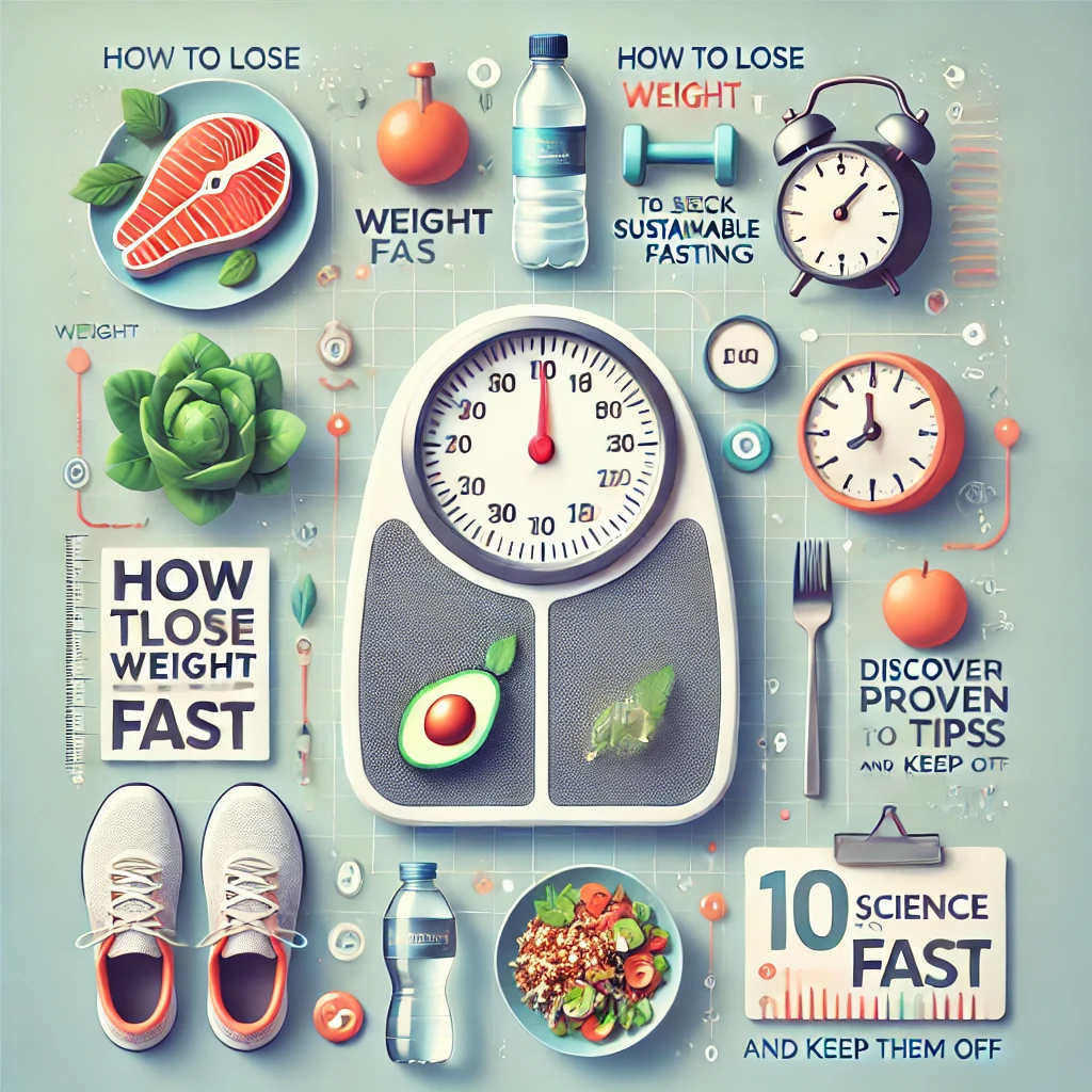 Image showing weight loss strategies, including healthy food, exercise, and hydration tips."