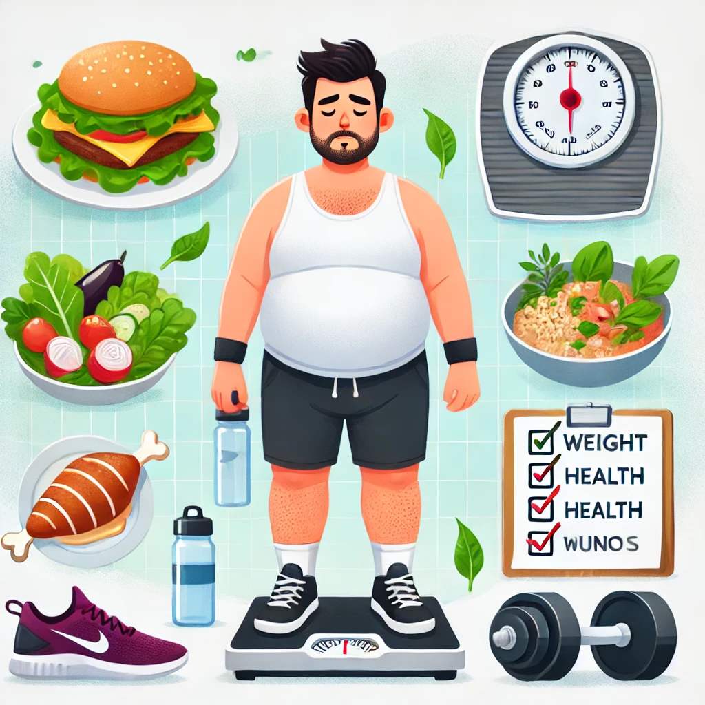 Image showing weight loss strategies, including healthy food, exercise, and hydration tips."