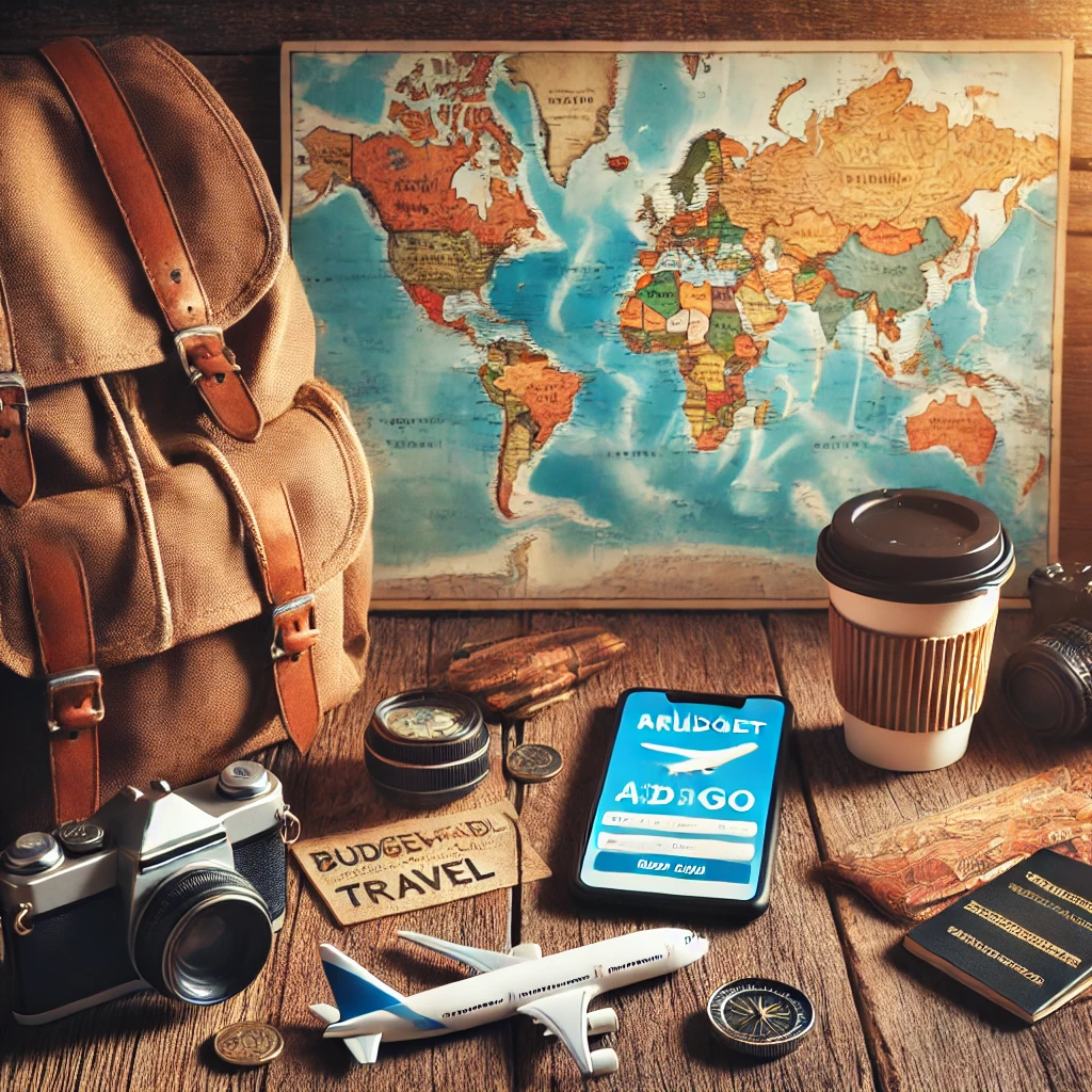 DALL·E 2025 03 26 13.04.43 A visually appealing travel themed image featuring a backpack a world map a budget friendly travel itinerary and a smartphone displaying a flight b 1