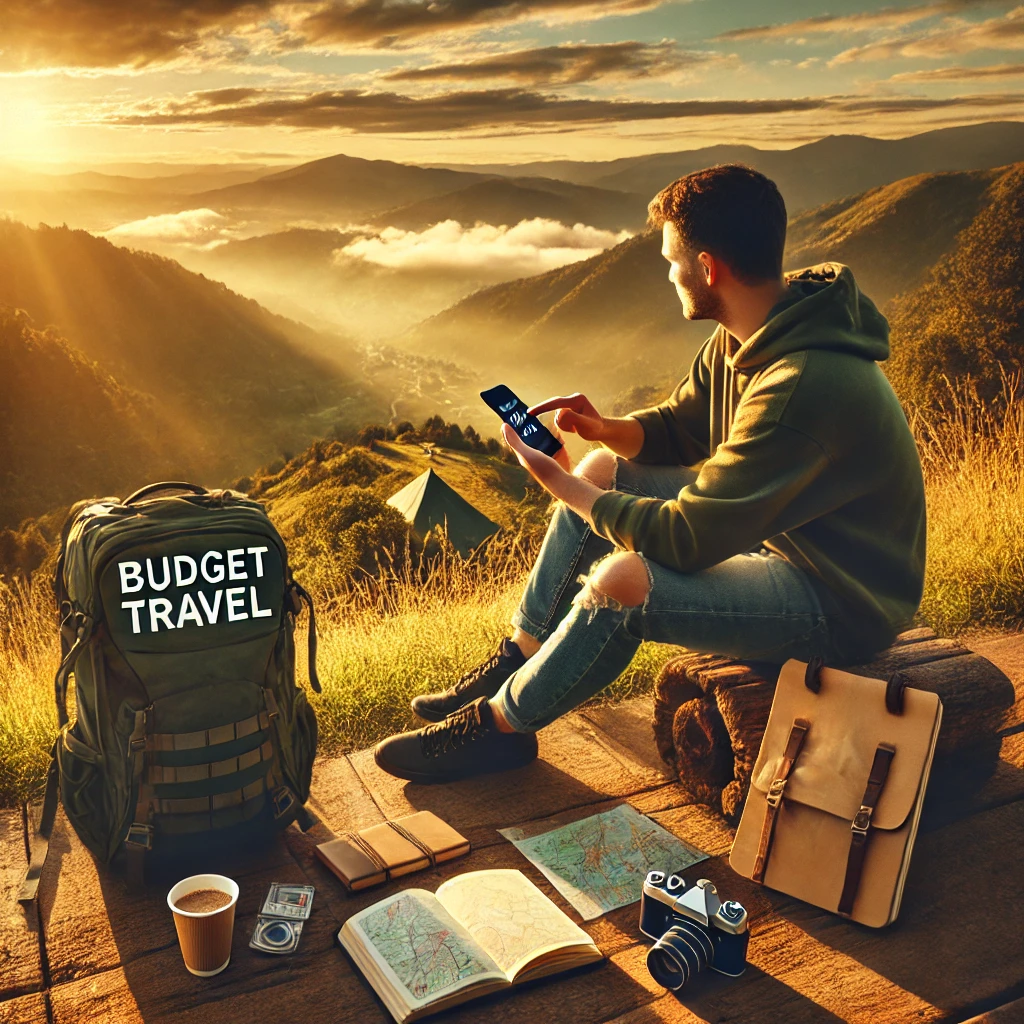 -budget-travel-themed-image-featuring-a-traveler-sitting-on-a-hilltop-overlooking-a-scenic-landscape-with-a-backpack-a-notebook-and-a-map