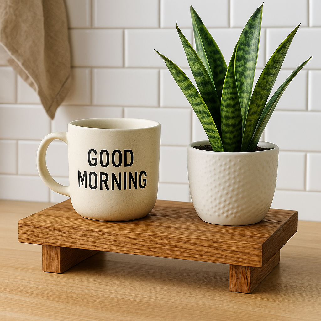 "Natural oak wood riser displaying decorative candles on a wooden table"
